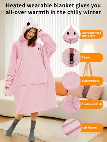 VOFUOTI MAX Shark Wearable Heated Blanket,Cordless Electric Heating Blanket Hoodie with 16000mAh Battery, Heated Robe Oversized Sweatshirt Throw Blanket Shawl with Sleeves - Thumbnail 3