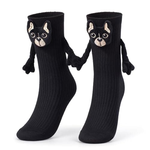 Bibalabili Magnetic Holding Hands Socks for Kids, Cat Dog Crew Socks, Funny Crazy Silly Socks with 3D Animal Design, Wacky Socks for Kids (BLACK DOG) - Image 1