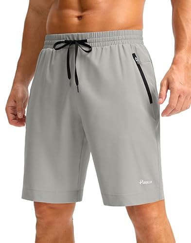 Pudolla Mens Running Shorts with Zipper Pockets 7 Inch Lightweight Quick Dry Gym Athletic Workout Shorts(Bright Grey L9_XL) - Image 1