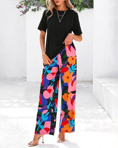 PRETTYGARDEN Women Summer 2 Piece Outfits 2026 Short Sleeve Knit Top Floral Print Belted Wide Leg Pant Sets With Pockets(Floral Black Multicolored,XX-Large) - Thumbnail 2