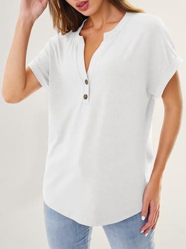 GKBK Womens Short Sleeve Henley Tops V Neck Business Dressy Casual Blouses Summer Loose Fit Trendy Tee Shirts 2026 Vacation Fashion Clothes White L - Thumbnail 4