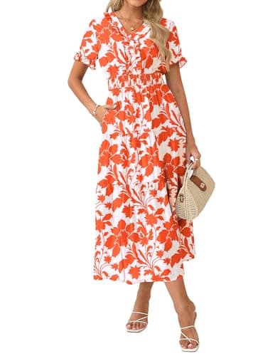 GRACE KARIN Casual Summer Dress for Women 2026 V-Neck Short Sleeve Ruffle Maxi Dress White Orange Floral M - Image 1