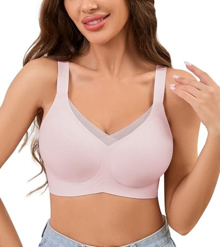 POSESHE Wireless V Neck Sexy Mesh Women's Comfortable Seamless Bralettes Scalloped No Underwire Full Coverage Padded Supportive Bras Pink - Image 1