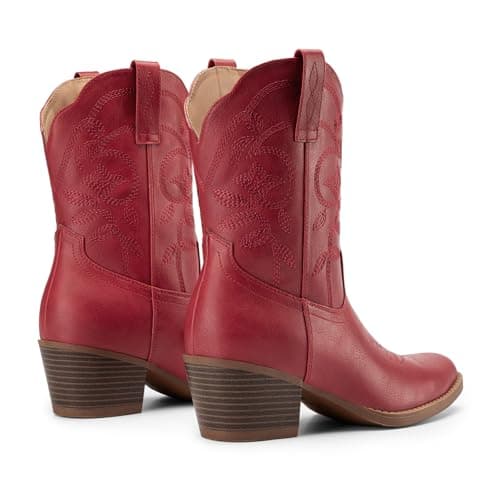 Athlefit Women's Cowboy Cowgirl Ankle Boots Square Toe Low Chunky Heel Embroidery Western Short Booties for Country Concerts Red Size 11, AD00764 - Thumbnail 6