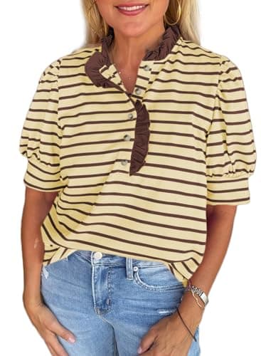 BLENCOT Womens Tops Puff Short Sleeve Striped Shirts Buttons V Neck Summer Blouses Dressy Casual Fashion Clothes Yellow L - Thumbnail 2