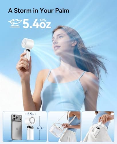 KIMMOO Mini Portable Handheld Turbo Fan, Small but Mighty, 12 Hours Long-Lasting, 199-Speed Rechargeable battery Hand Held Fans, Personal Cooling Fan for Outdoor Travel, Gifts for Women & Men (White) - Thumbnail 5