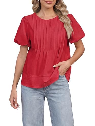 Funlingo Womens Puff Short Sleeve Babydoll Tops Summer Crew Neck Pleated Blouses Casual Loose Fit Flowy Swing Shirts 2026 Red S - Image 1