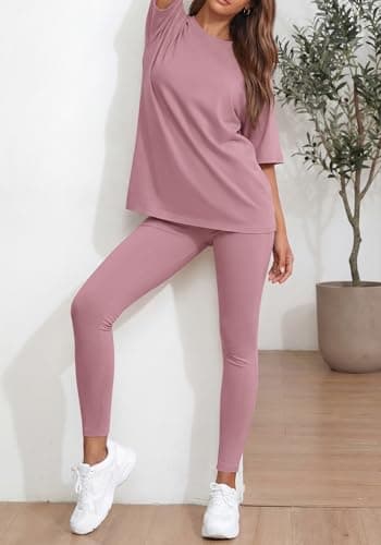 BTFBM Two Piece Lounge Set Women 2026 Spring Casual Oversized Shirts Leggings Matching Workout Airport Travel Outfits(Pink, XX-Large) - Thumbnail 6