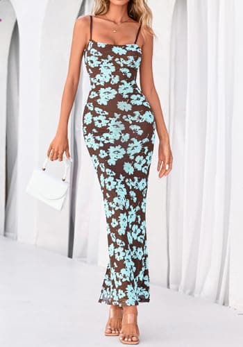 BTFBM Womens Maxi Dress 2026 Spring Floral Sexy Spaghetti Straps Sleeveless Bodycon Summer Beach Wedding Guest Dresses(Floral Blue, XX-Large) - Thumbnail 6