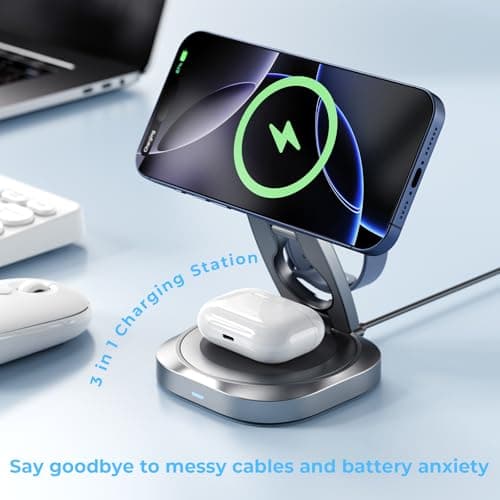 havit 3 in 1 Foldable Wireless Charging Station, Travel Magnetic Charger Stand for MagSafe-Compatible iPhone 17/16/15/14/13/12, Apple Watch and AirPods, 360° Rotating Portable Charger - Thumbnail 5