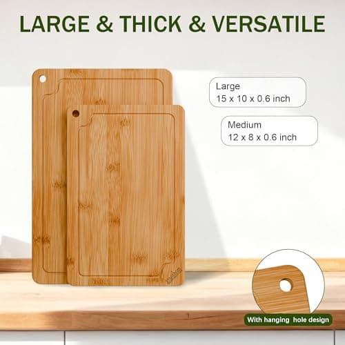 Bamboo Cutting Boards for Kitchen, 2-Piece Wood Cutting Board Set with Juice Grooves & Built-in Handles, Easy Storage & Clean Chopping Board for Meat, Vegetables, Fruit - Thumbnail 3