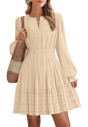 BTFBM Mini Dresses for Women 2026 Casual Lightweight Long Sleeve V Neck A Line Elastic Waist Party Holiday Dress(Apricot, X-Large) - Image 1