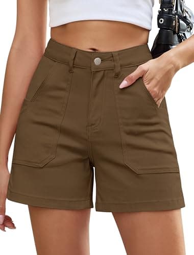 Eddoyee Women Stretchy Shorts High Waisted Cotton Shorts Summer Casual Chino Shorts with Pockets Trendy(Brown, Medium) - Image 1