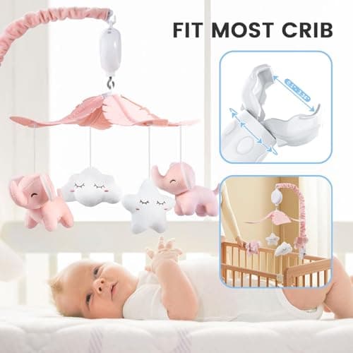 FEISIKE Crib Mobile for Girls Baby Mobiles with 3 Modes Digital Music Box（Turn Only, Music Only, Turn & Music, 35 Lullabies, Pink Elephant Nursery Mobile, Clamp Type, Pretty Box Packaging - Thumbnail 4