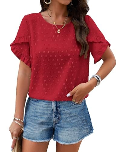 PRETTYGARDEN Women's Tops 2025 Summer Ruffle Short Sleeve Crewneck Blouses Swiss Dots Solid Loose Tunics Work Shirts(Red,X-Large) - Image 1