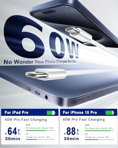USB C to USB C Cable, 2Pack USBC to USBC Cable 6FT 60W Type C Charger C to C Cable Fast Charging Cord for iPhone 17/17 Pro Max/16 Pro Max/15 Plus/15 Pro Max/Samsung S23 Note 20 MacBook Air - Thumbnail 3