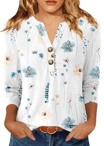 GKBK Womens Tops 3/4 Length Sleeve V Neck Button Down Loose Fit Shirts Business Casual Basic Tees Summer Fashion 2026 Dressy Casual Vacation Travel Beach Print Blouses Trendy Outfits Flower L - Image 1