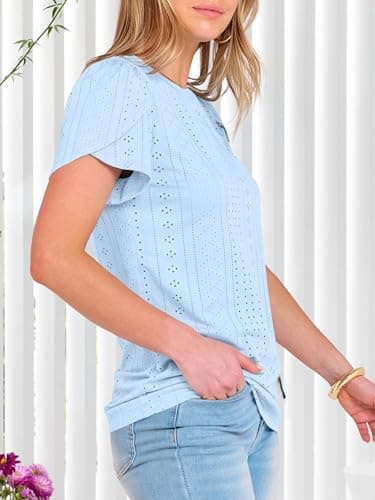 ANRABESS Womens Tops Summer Eyelet Petal Short Sleeve T Shirts Dressy Casual Blouses Ladies Basic Tees 2026 Spring Clothes Sky Blue X-Large - Thumbnail 4