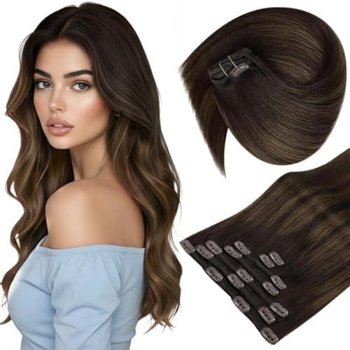 Sunny Hair Clip in Hair Extensions Real Human Hair 120g Remy Hair Clip in Extensions for Women Human Hair Extensions Dark Brown Balayage Light Brown 18 Inch - Image 1