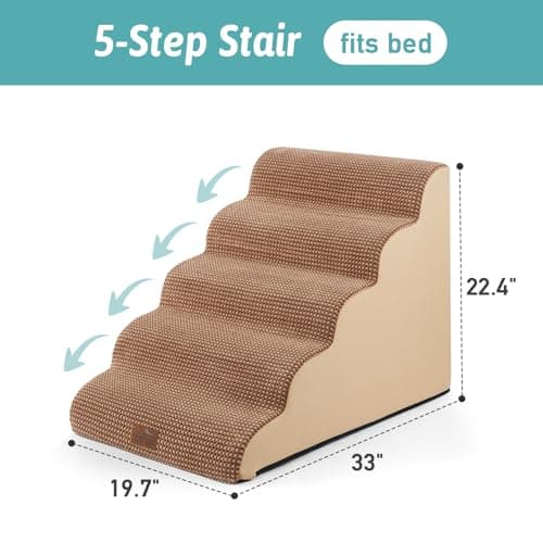 COZY KISS Extra Wide Dog Stairs 19.7" Width, Pet Step for Small/Medium/Large Dog, Puppy or Cat, Pet Ramp for High Bed or Car, High Density Foam Ladder, 19.7x33x22.4 in, Stable, 5 Step, Light Brown - Thumbnail 3