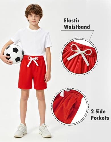 Cozople Boys' Red Basketball Shorts Breathable Quick-Dry Summer Athletic Shorts for Running Soccer Outdoor Play Elastic Waist Comfortable Active Kids Shorts - Thumbnail 2