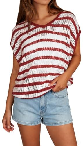 Yousify Womens Summer Crochet Tops Cap Sleeve Knit Pullover Sweater Vest V Neck Cover Ups Beach Vacation Clothes Red - Thumbnail 3