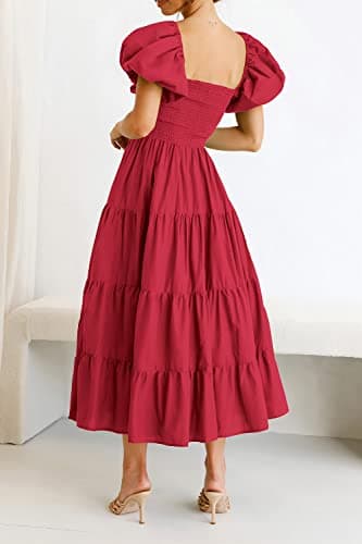 PRETTYGARDEN Women's Casual Summer Midi Dress Puffy Short Sleeve Square Neck Smocked Tiered Ruffle Dresses (Red,Large) - Thumbnail 4