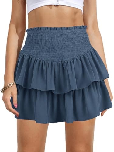 Vigorics Blue Skirt Ruffle Mini Skirt High Waisted Skirts Fall Skirt Girls Skirts with Shorts Underneath Gray Blue L - Image 1