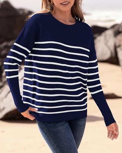 BTFBM Casual Women 2026 Fall Sweater Long Sleeve Ribbed Knit Pullover Loose Crewneck Batwing Split Sweater(Striped Navy White,X-Small) - Thumbnail 4
