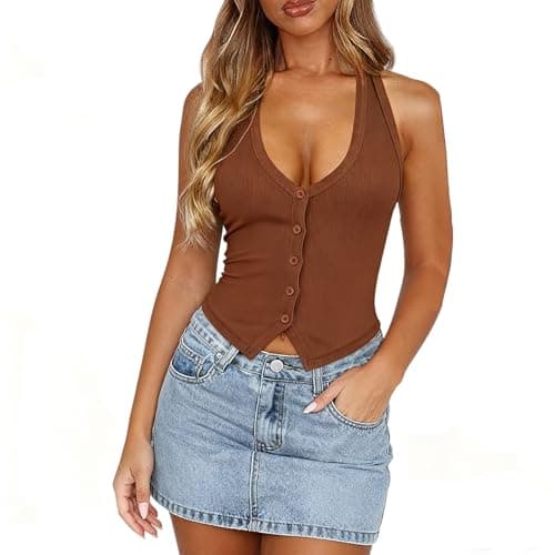 Halter Tops for Women, Sexy Tops for Women, Going Out Tops, V Neck Sleeveless Backless Y2k Tank Top, Ribbed Slim Fit Top (X-Small, Brown) - Image 1