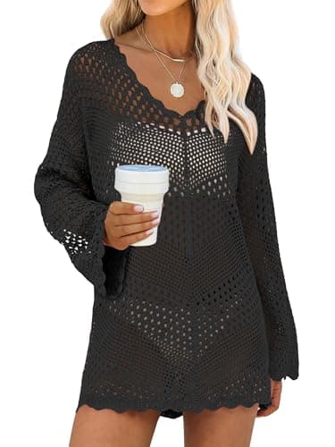 ANRABESS Swimsuit Cover Up for Women Crochet Bathing Suit Summer Swimwear V Neck Mesh Knit Dress 2026 Beach Vacation Clothes Black X-Large - Image 1