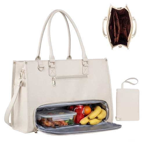 Work Bag with Lunch Compartment, Insulated Lunch Tote Bag for Women, 15.6" Computer Bag with 40oz Large Cup Holder & Multi-Pockets, Teacher Laptop Tote Bag for Office Business Travel College(Beige) - Image 1