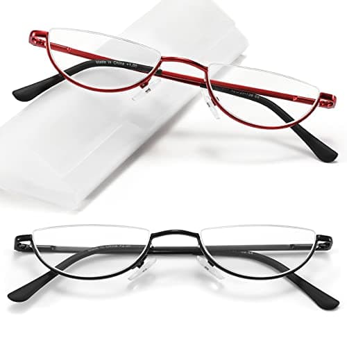TOVEEN 2 Pack Half Lens Reading Glasses Blue Light Blocking, Half Moon Frame Semi Rim Spring Hinge Readers with Case for Men Women Black/Red +3.0