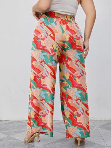 AusLook Plus Size Wide Leg Pants for Women High Waist Elastic Drawstring Palazzo Casual Lounge Beach Travel Vacation Resort Lifeful Color Block 5X Pants with Pockets Flowy Summer Comfy Outfit - Thumbnail 2