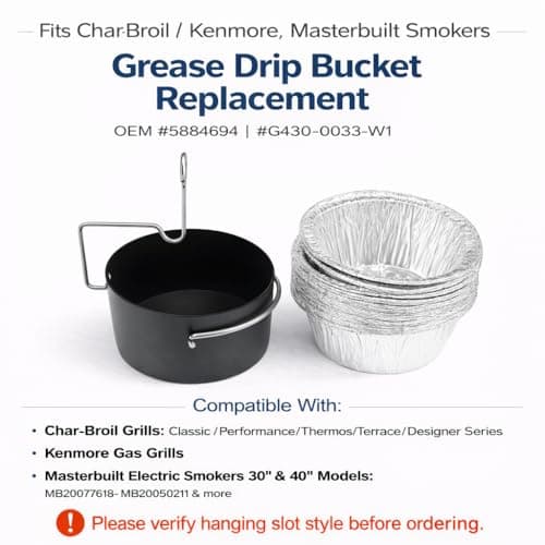BLUES GRILL PARTS Grill Grease Cup with Clip for Char-Broil & Kenmore Grill Grease Tray Replacement - 15Pack Aluminum Foil Liners, Fits Masterbuilt 30"/40" Smokers Drip Pan Replacement Parts - Thumbnail 2