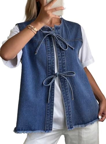 Astylish Women's Distressed Denim Vest Cute Bow Tie Front Soft Light Wash Buttonless Corset Style Jacket for Women Bluing Medium - Image 1