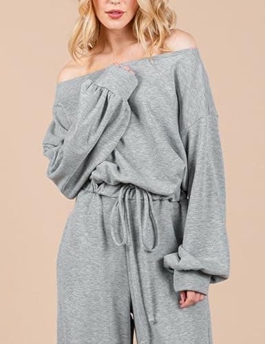 GAMISS Casual Rompers for Women Long Sleeve Lounge Jumpsuits Boat Neck Loose Fit Overalls Airport Travel Outfit Grey S - Thumbnail 5