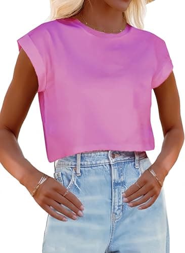 Nagwoy Womens Short Sleeve Crop Tops Round Neck T Shirts Casual Crop Tee Top A-Pink - Image 1