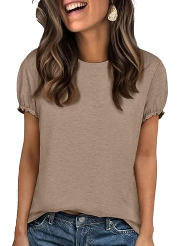 UNCLECAT Women's Ruffle Short Sleeve T Shirts Trendy Crew Neck Tops Solid Basic Tee Summer Outfits 2026 Khaki - Image 1