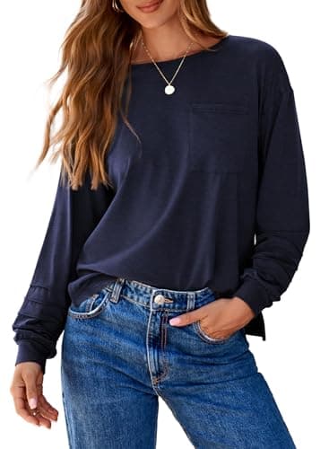 Dokotoo Womens Fashion Spring Clothes Cute Crewneck Long Sleeve Shirts for Women Office Workout Pullover Blouses Side Slit Blue Tops 2026 Trendy Lightweight Boyfriend Stlye T-Shirts X-Large - Image 1