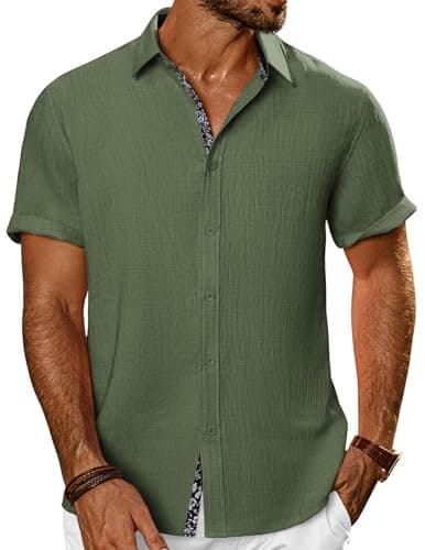 PJ PAUL JONES Men's Button Down Short Sleeve Shirt Casual Summer Beach Textured Wedding Shirts Army Green - Image 1