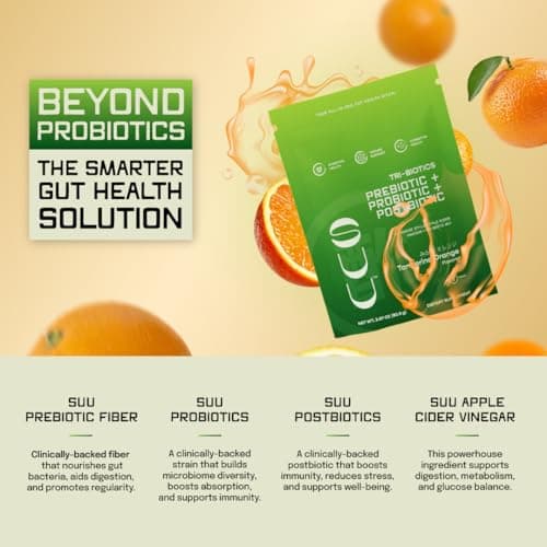 SUU Tribiotics - Prebiotic & Probiotic Drink Mix Packets for Gut Health & Digestive Health | Daily Probiotic, Cutting Mix & Immunity Supplement with Energy Support | Tangerine Orange (7-Pack) - Thumbnail 3