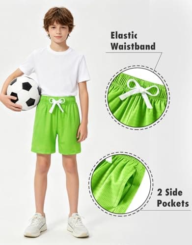 Cozople Boys Athletic Shorts Quick Dry Mesh Lightweight Basketball Shorts for Kids with Elastic Waist Drawstring Green Deep Side Pockets for Camp Sports Running - Thumbnail 3