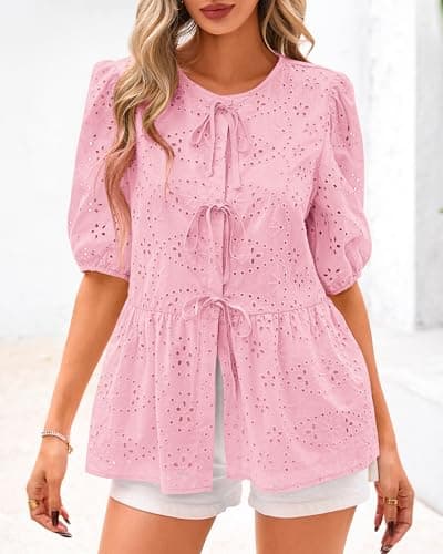 KIRUNDO Peplum Tops for Women 2026 Summer Eyelet Tie Front Blouses Casual Short Lantern Sleeve Cute Y2K Lace Babydoll Shirts(Pink, Small) - Thumbnail 3