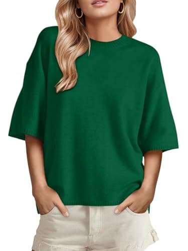 GREAIDEA Short Sleeve Sweater for Women Trendy Oversized Crewneck Cozy Knit Pullover Tops Spring Summer Business Casual Dressy Tee Shirts Green XL - Image 1