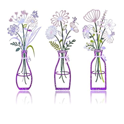 ArtCachet 3-Piece Metal Floral Wall Art - Bathroom Arts & Modern Farmhouse Decor,Home Wall Decors Sculptures for Living Room, Dining Room, Bedroom Wall Decorations & Housewarming Gift(Purple, Vase-A) - Image 1