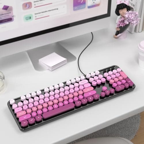 Dliter Wired Keyboard, 104 Keys Full Size Typewriter Keyboards, USB Plug and Play Office Keyboard with Number Pad, Caps Indicators, Foldable Stands for Windows, PC, Laptop (Black Pink) - Thumbnail 4