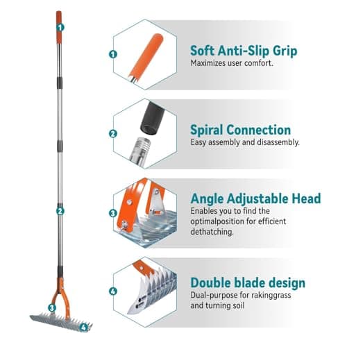 Thatch Rake for Lawns, Yofidra 15" Heavy Duty Metal Dethatcher Rake with 5FT Handle, 70’’ Adjustable Manual Thatcher with 19-Tine for Lawn Loosening Soil, Yard and Removing Dead Grass - Thumbnail 4