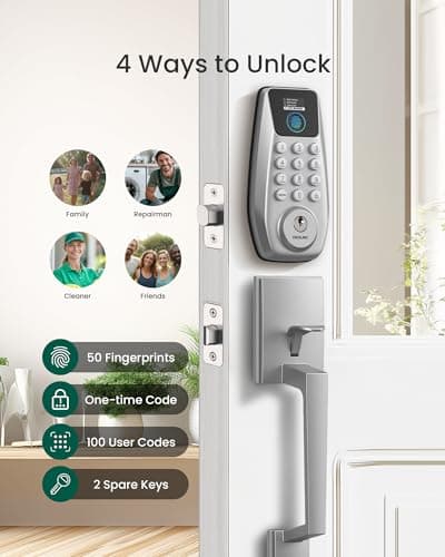 DESLOC C110 Keyless Entry Door Lock with Handle Set&Display (Smart Screen), Fingerprint Door Locks, Keypad Deadbolt, Auto-Lock, Backlit Keys, Passage Mode, IP54 Waterproof - Thumbnail 3