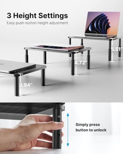 HUANUO Monitor Stand, Monitor Stand Riser 3 Height Adjustable, Monitor Riser with Airflow Vents, Laptop Stand for Desk, Laptop Riser, Desk Organizer for Monitor, 15.6" Laptop, PC, Printer - Thumbnail 3